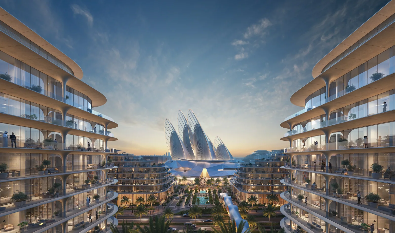 The Row Saadiyat buildings framing landscaped space and Zayed National Museum; developer rendering