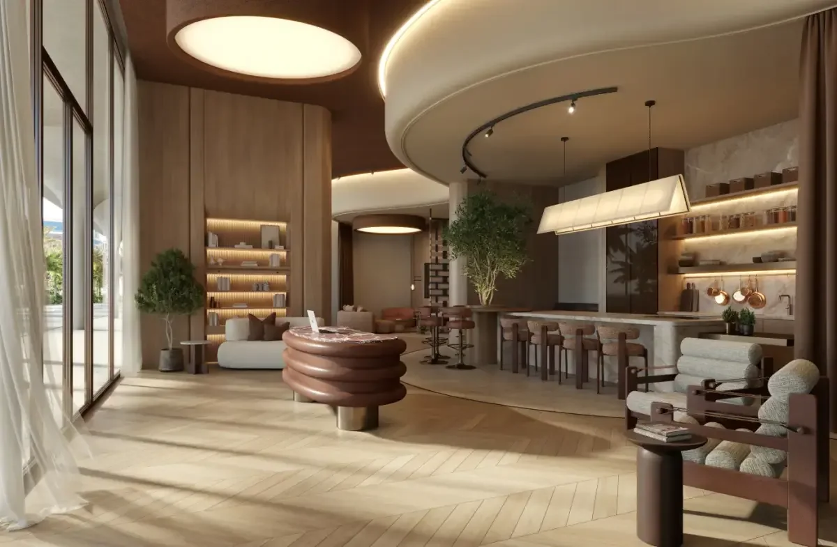 The Row Saadiyat lounge with seating, kitchen bar and terrace; developer rendering