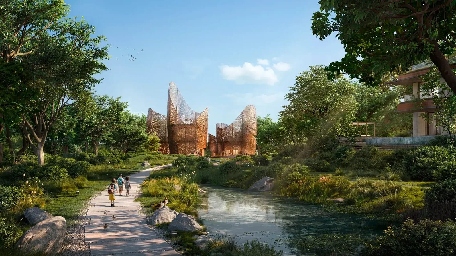 The Wilds Villas: planted community path approaching The Nest, developer rendering