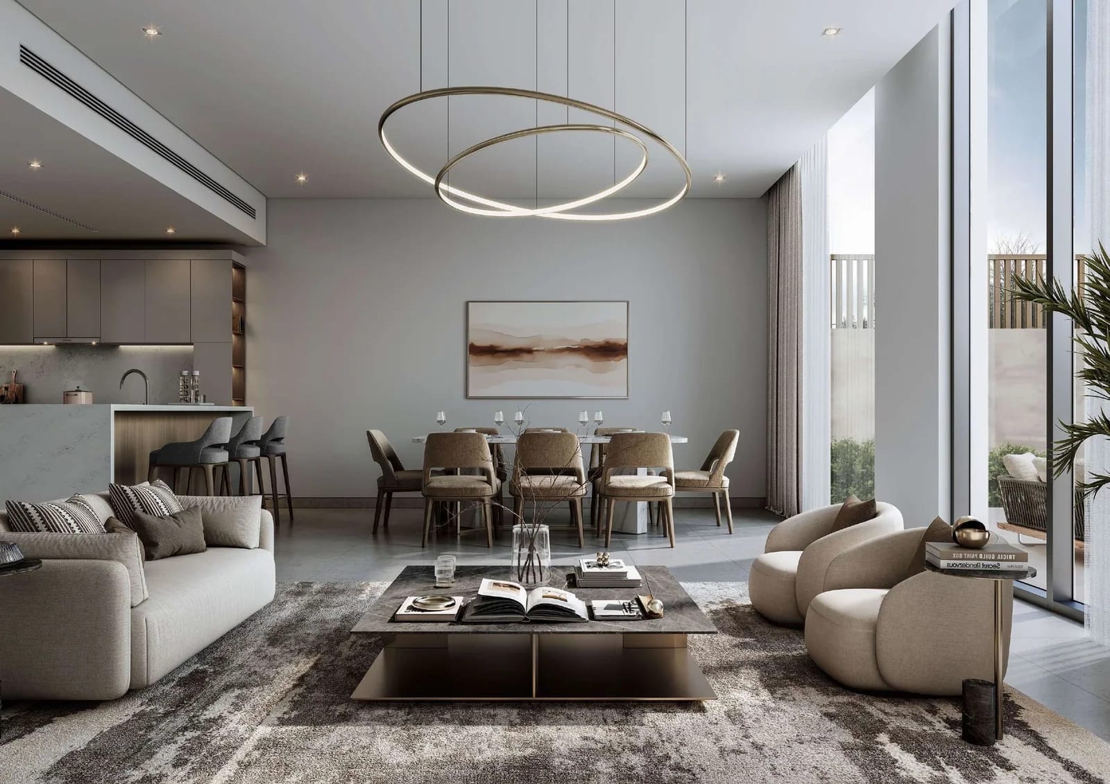 The Willows at Sobha Sanctuary: living and kitchen interior; illustrative developer rendering