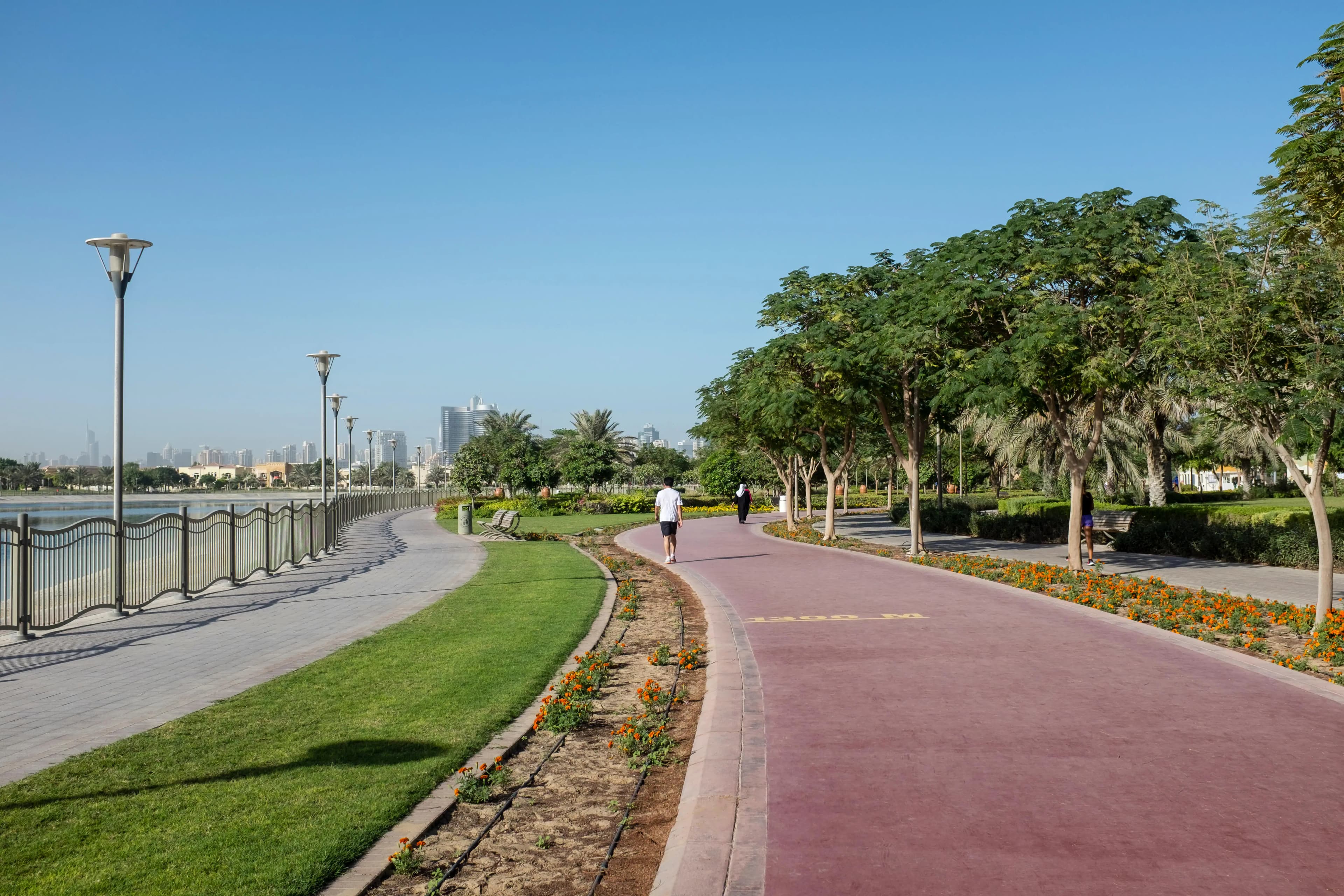 Al Barsha Pond Park and its central lake, official Visit Dubai photograph